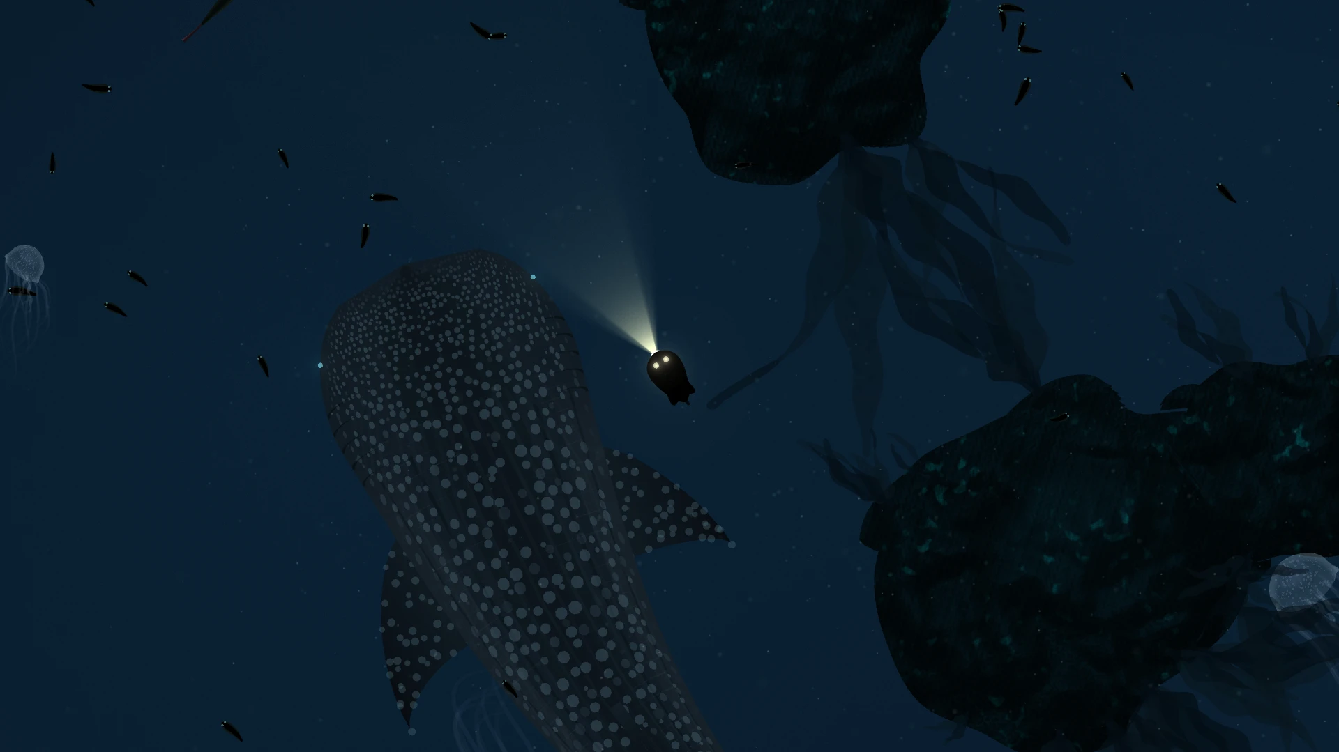 A whale shark drifting through Remora's dark procedural ocean